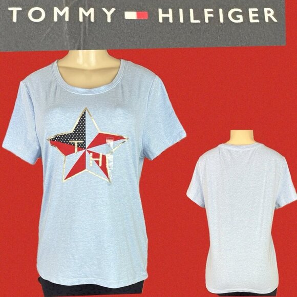 Tommy Hilfiger L Heather Blue Logo Star Graphic Crew Neckline Short Sleeve Tee - Picture 1 of 6